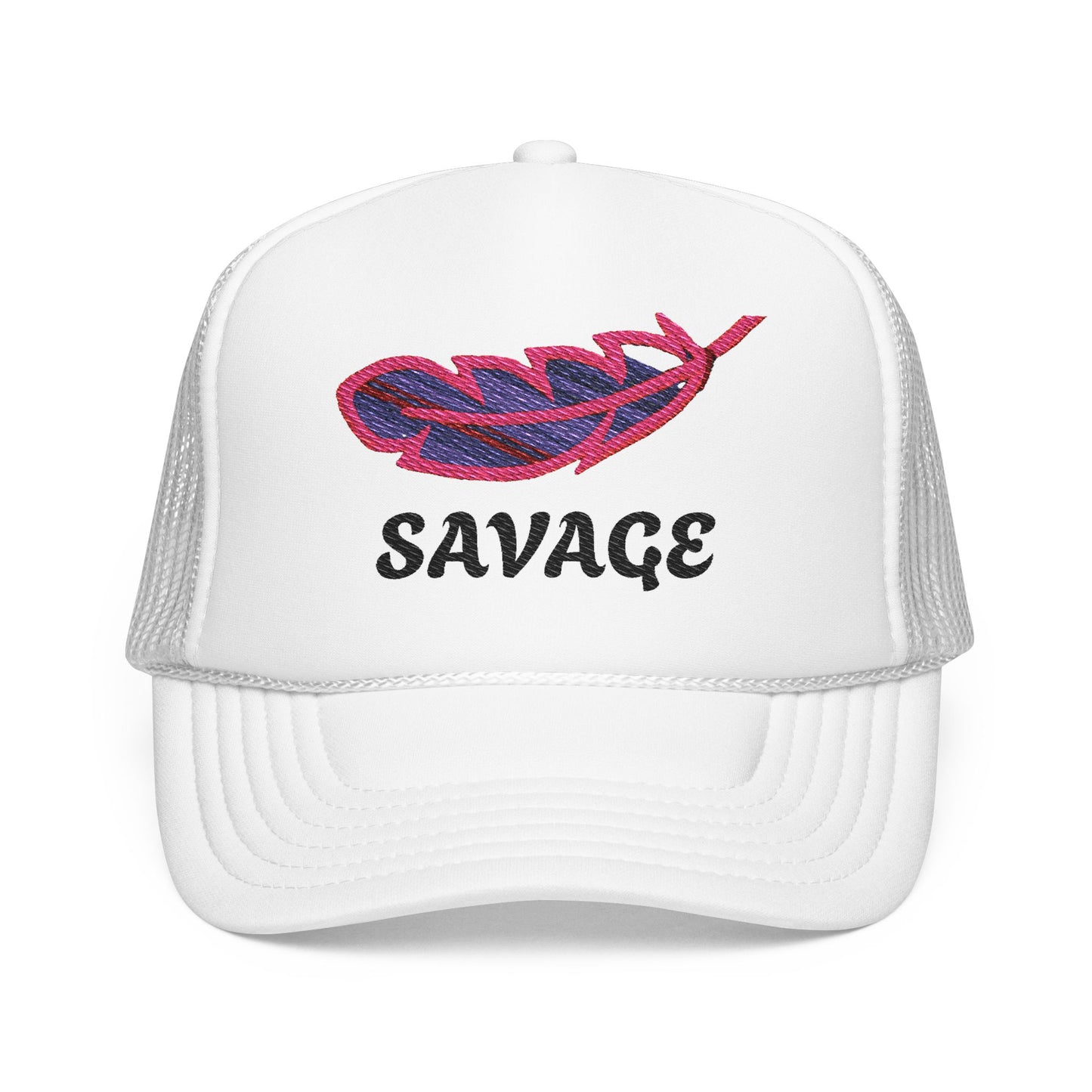 SAVAGE Trucker Hat – Pink & Blue Feather on White