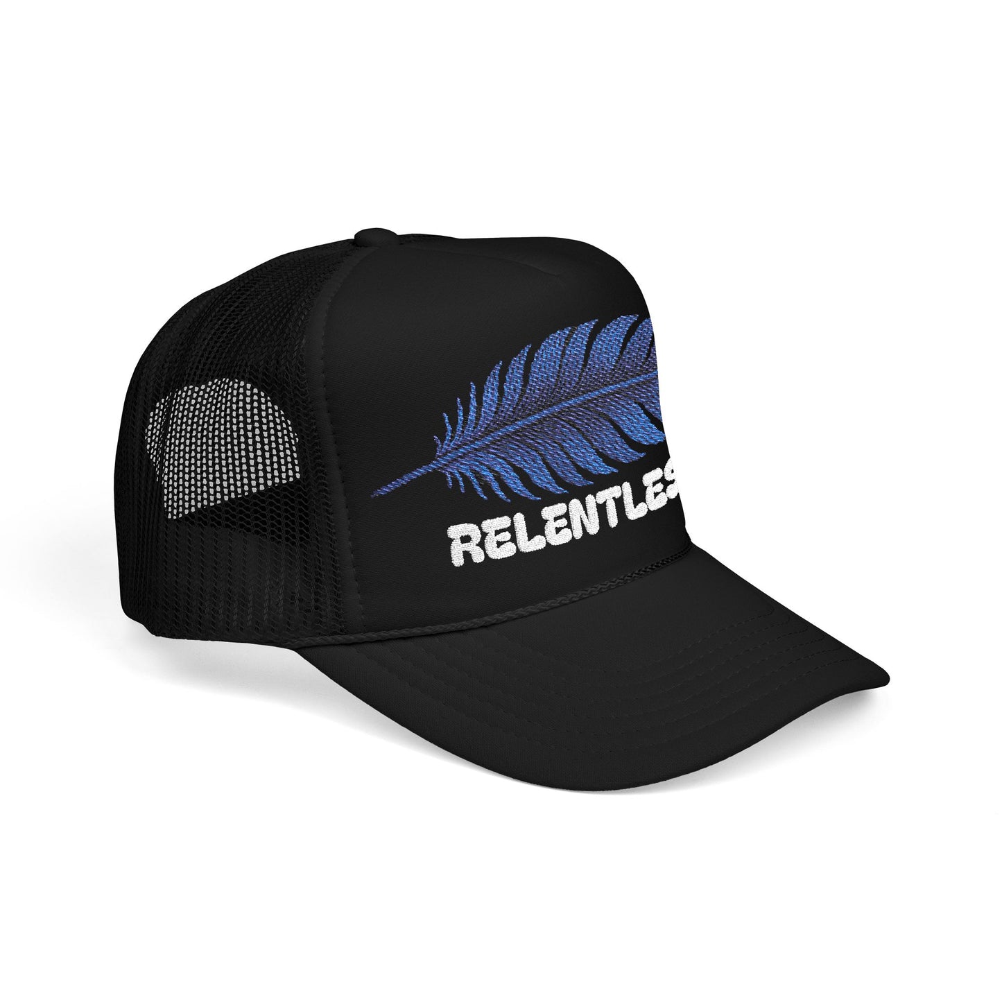 RELENTLESS Trucker Hat – Blue Feather Embroidery