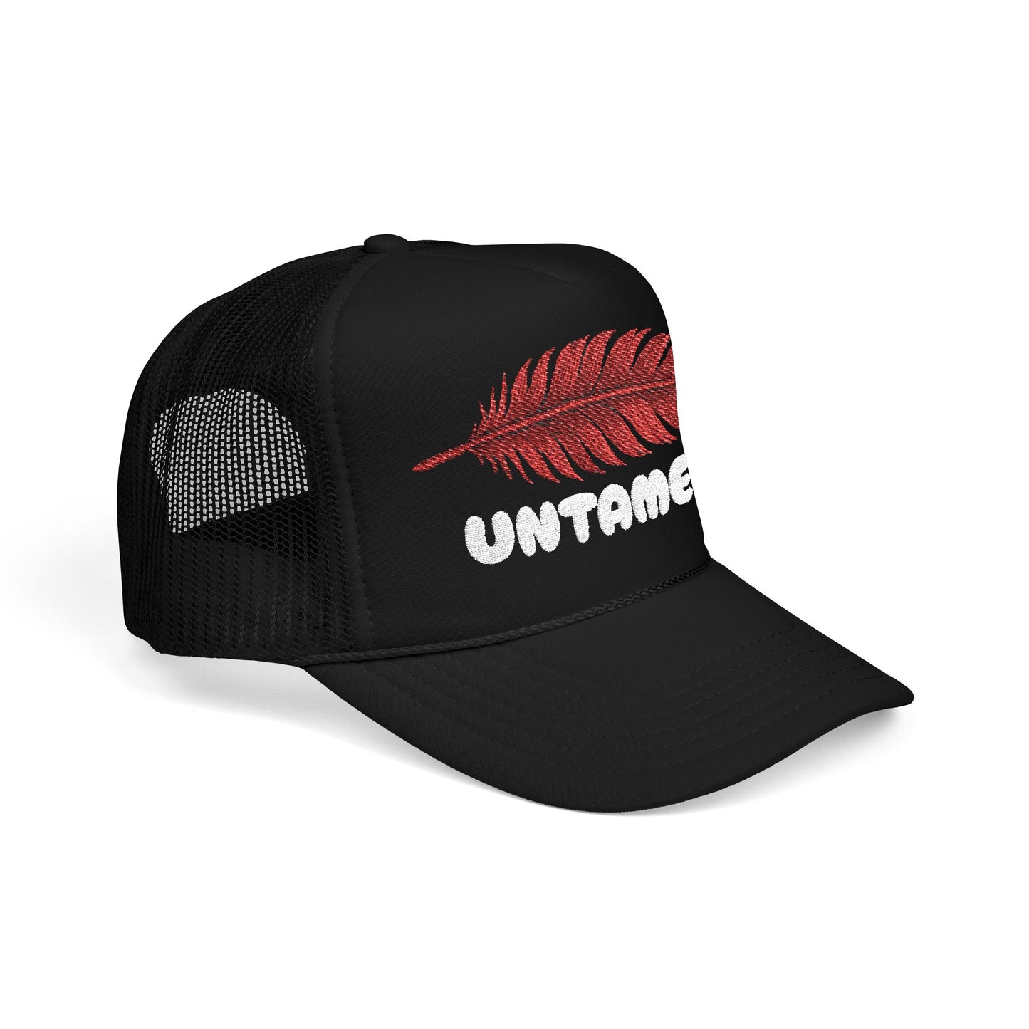 UNTAMED Trucker Hat – Red Feather on Black
