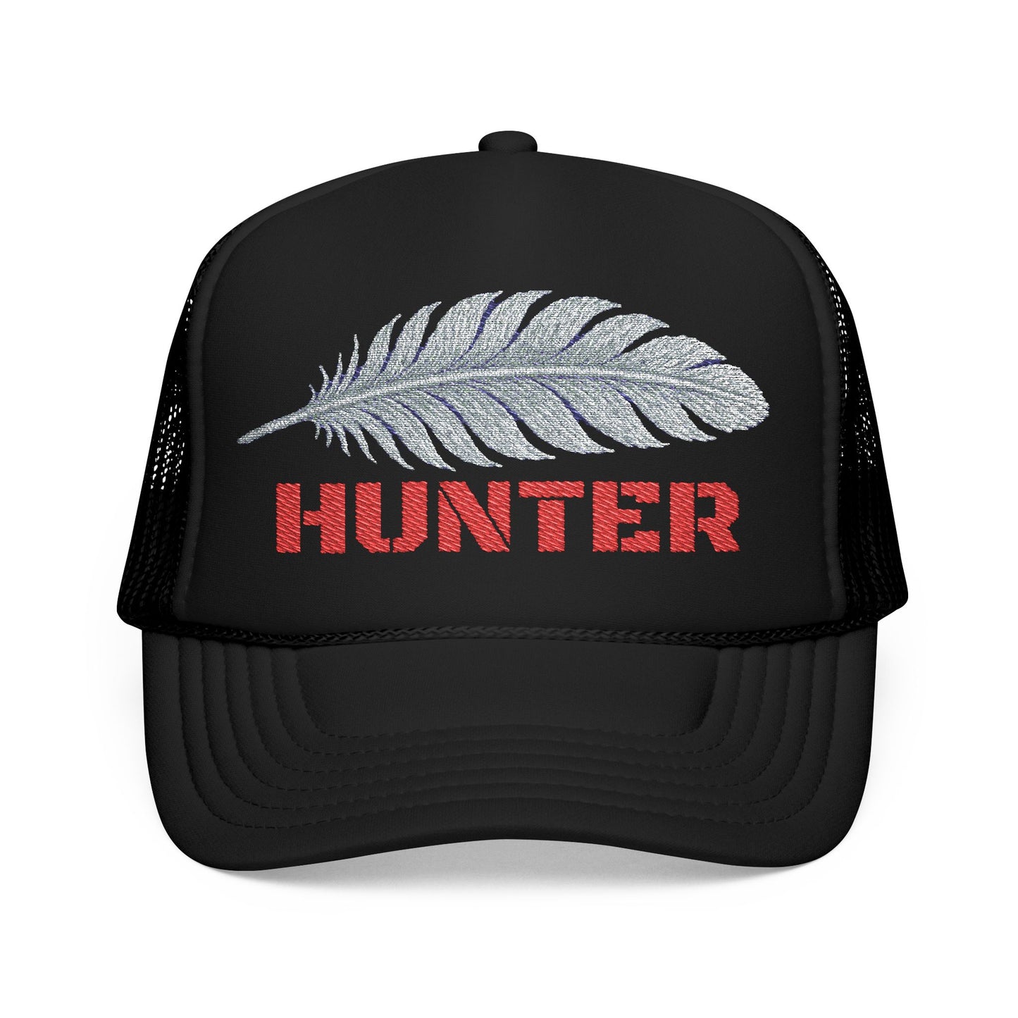 HUNTER Trucker Hat – Silver Feather with Red Lettering