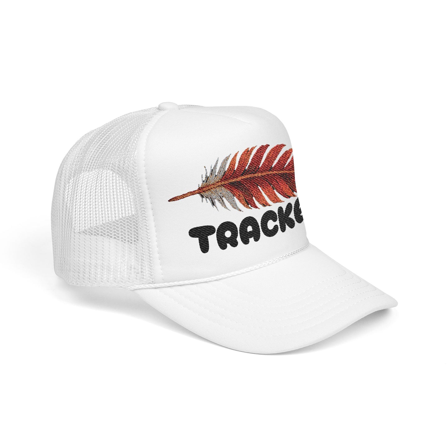 TRACKER Trucker Hat – Red Feather on White
