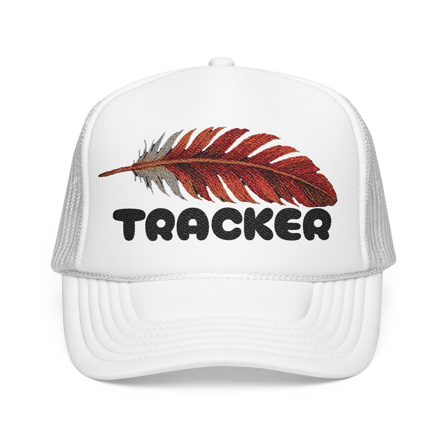 TRACKER Trucker Hat – Red Feather on White