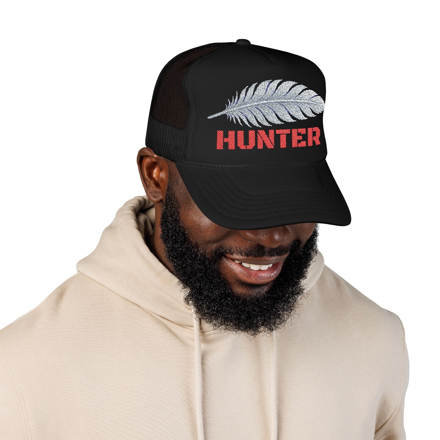 HUNTER Trucker Hat – Silver Feather with Red Lettering