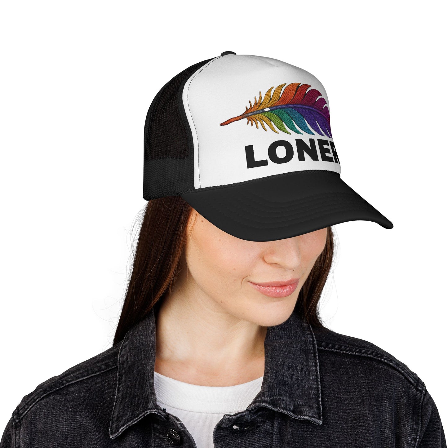 LONER Trucker Hat – Multicolor Feather on White & Pink