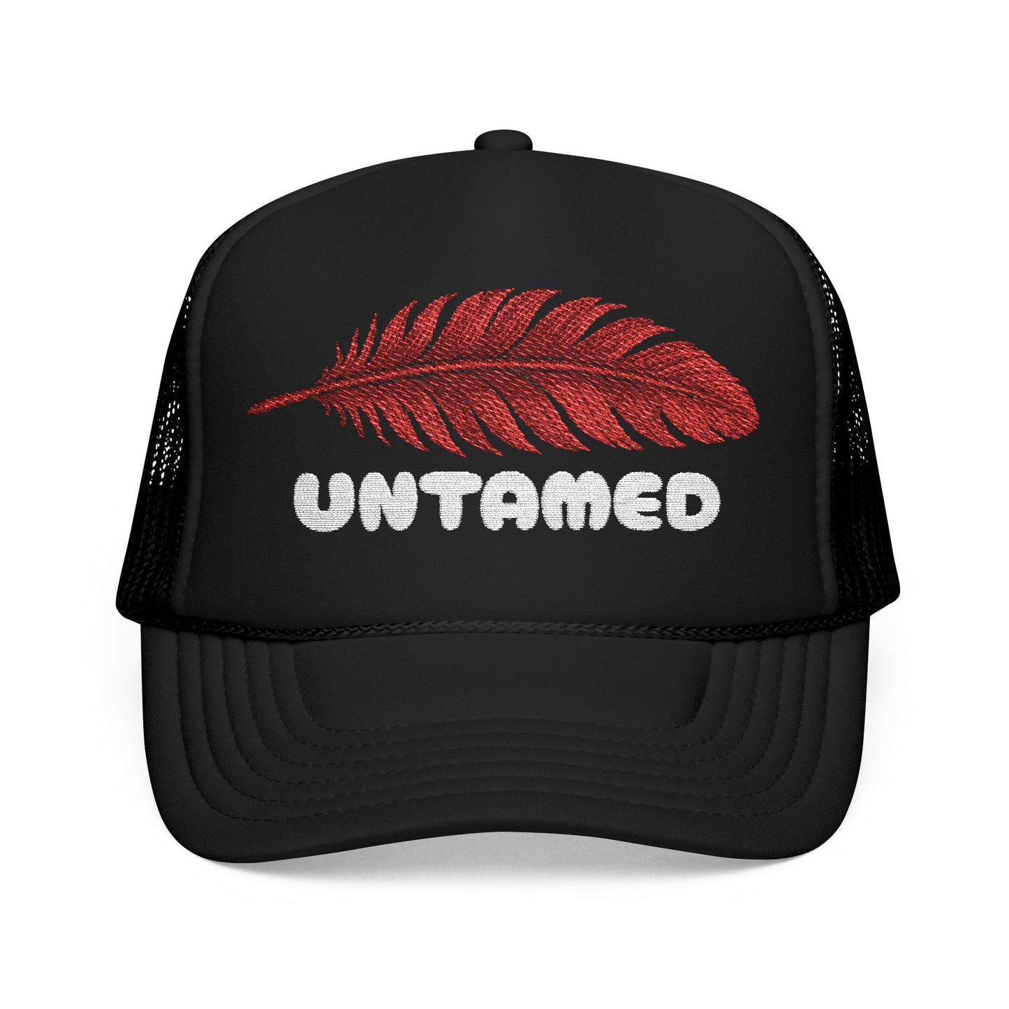 UNTAMED Trucker Hat – Red Feather on Black