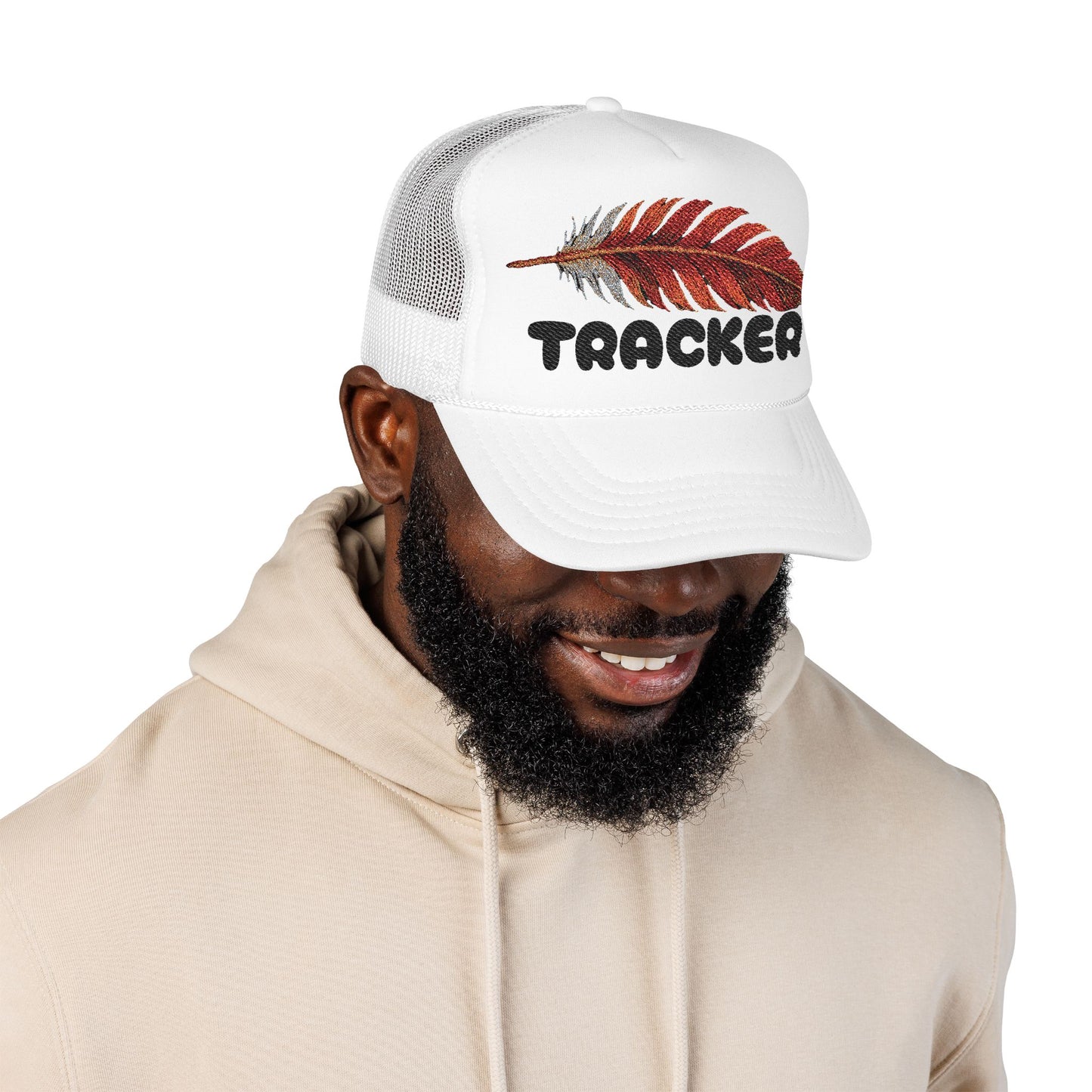 TRACKER Trucker Hat – Red Feather on White