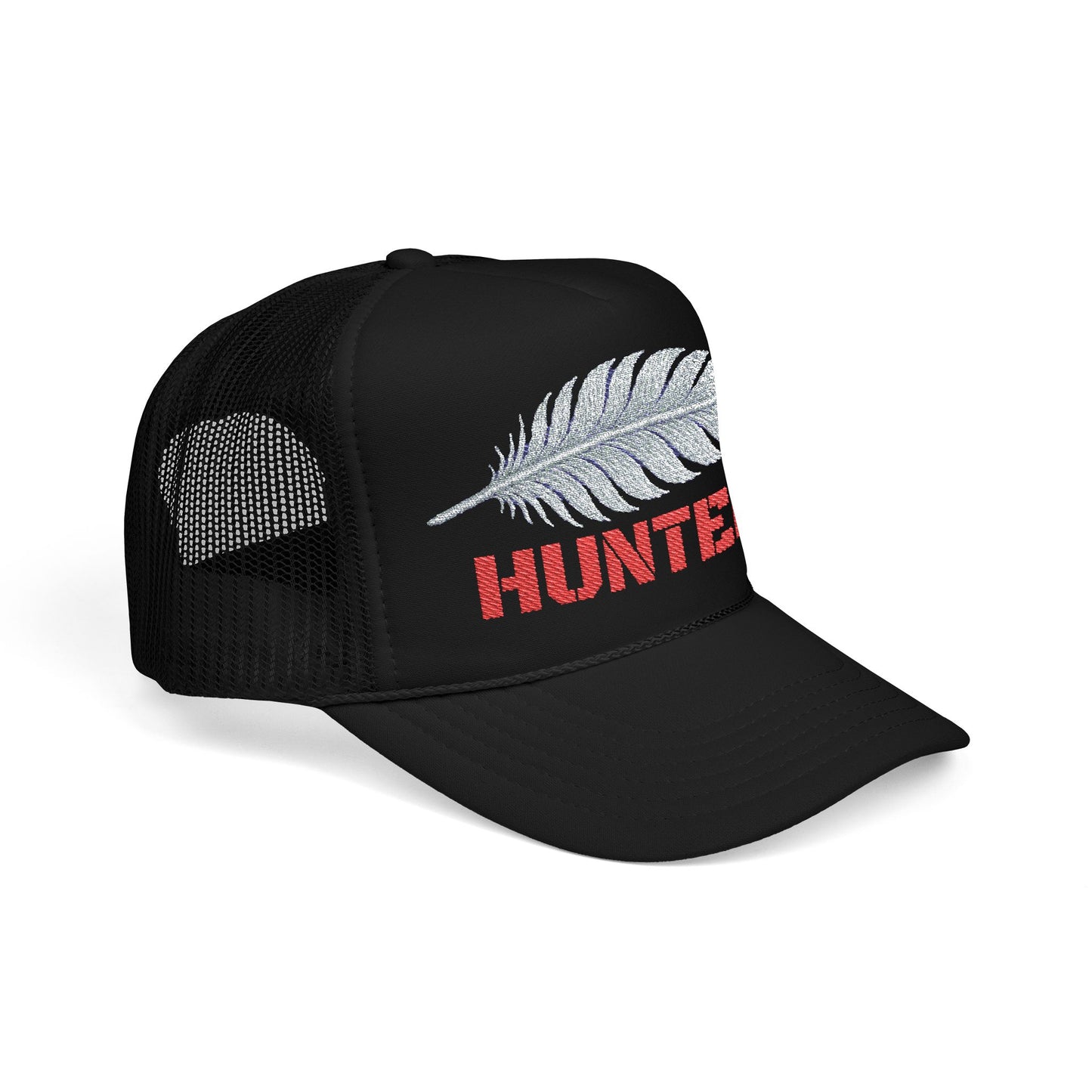 HUNTER Trucker Hat – Silver Feather with Red Lettering
