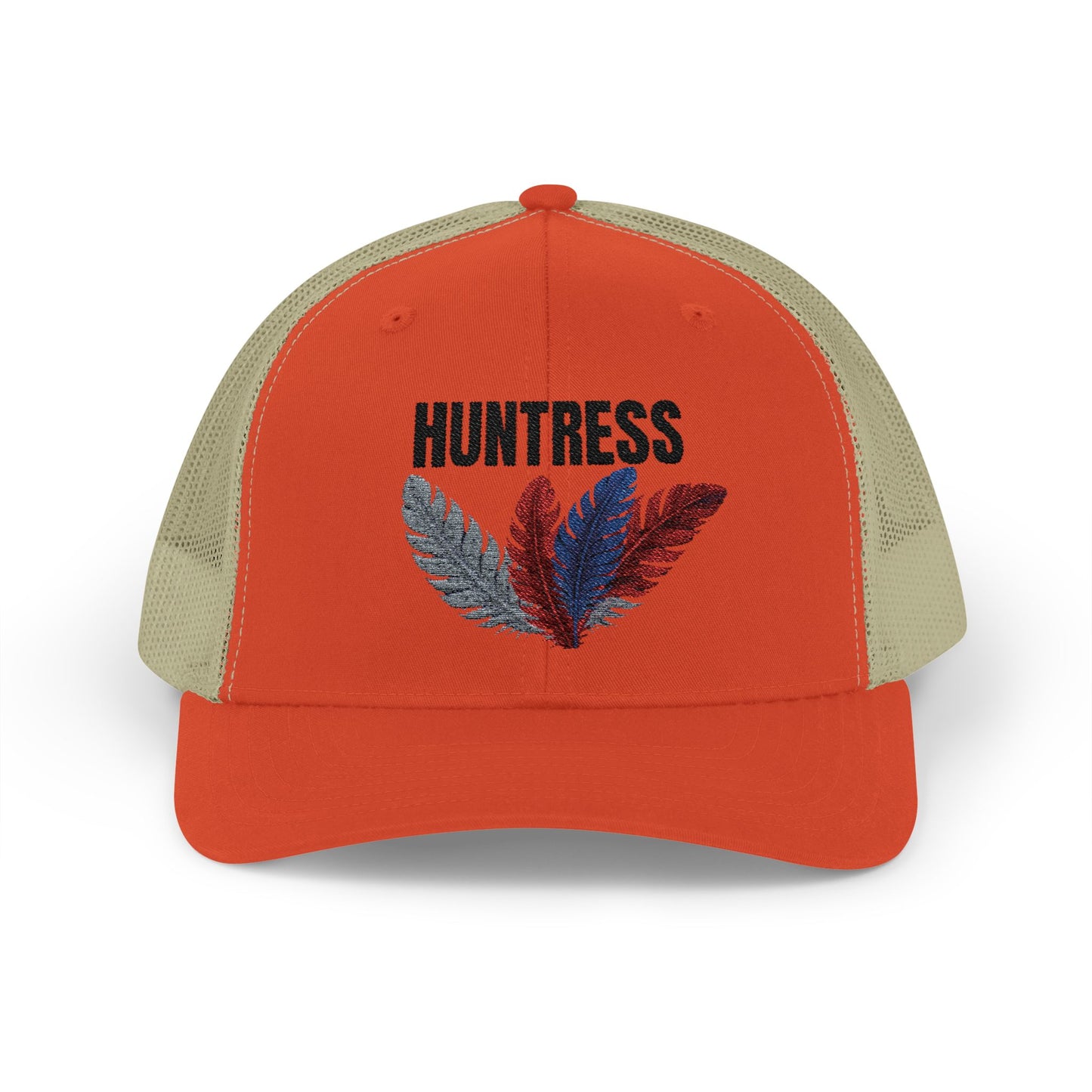 HUNTRESS Trucker Hat – Three Feathers on Blaze Orange