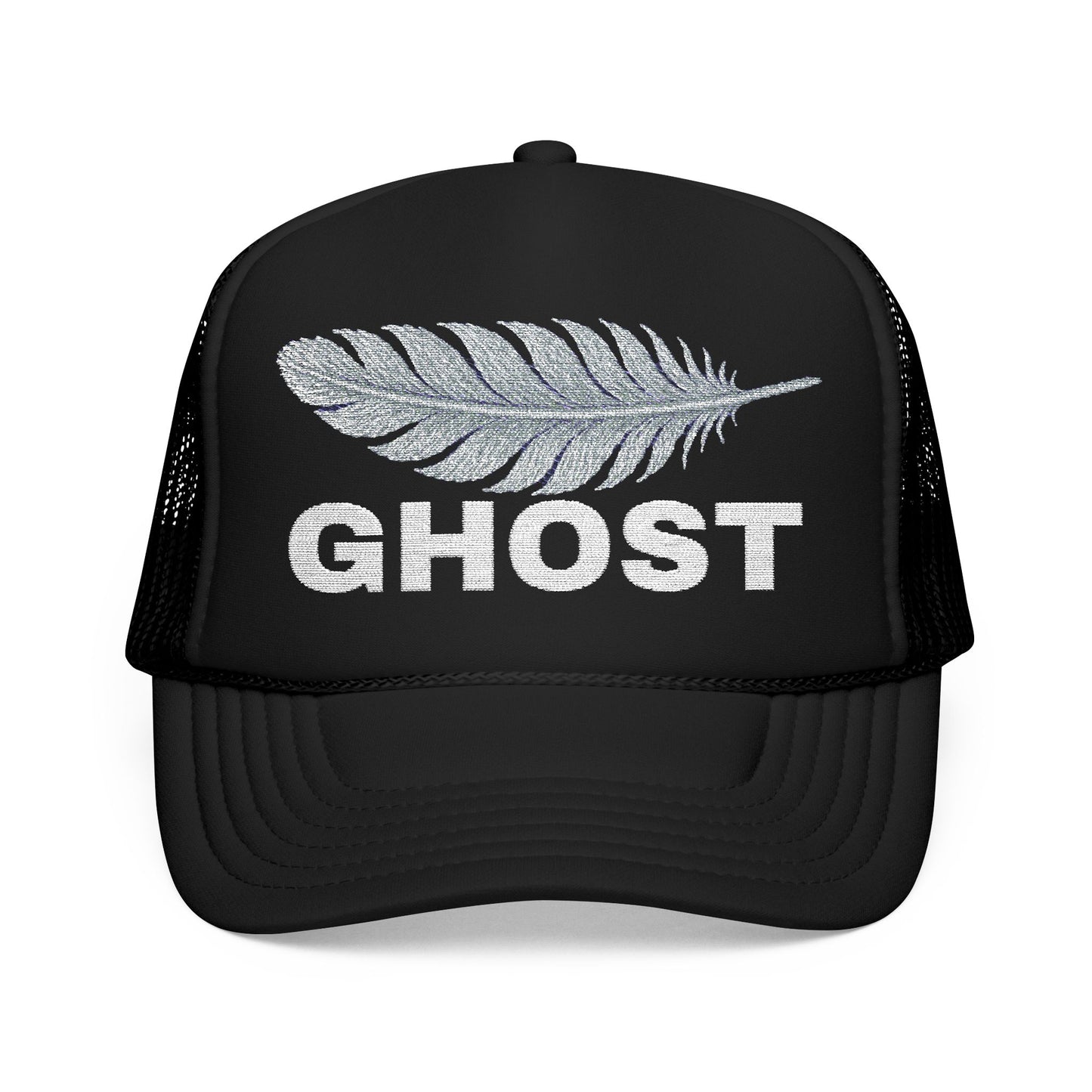 GHOST Trucker Hat – White Feather on Black