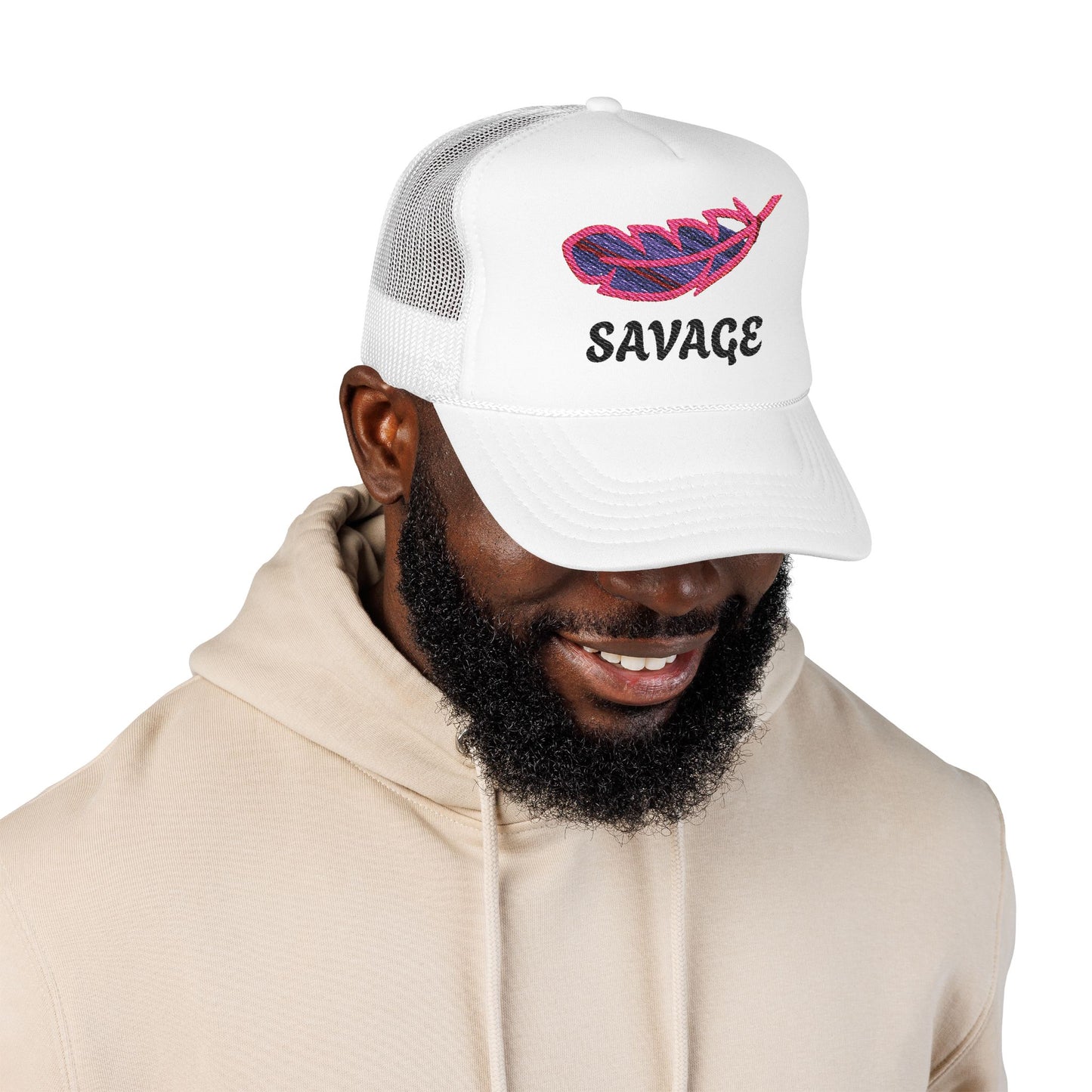 SAVAGE Trucker Hat – Pink & Blue Feather on White
