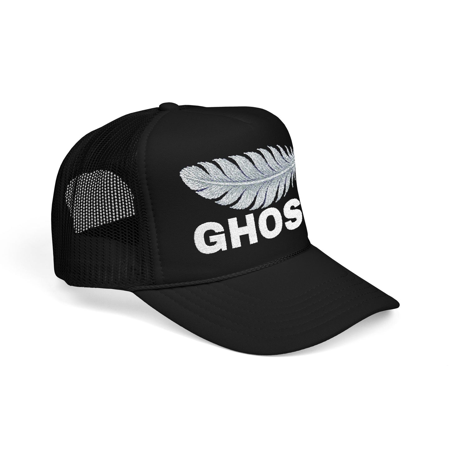 GHOST Trucker Hat – White Feather on Black