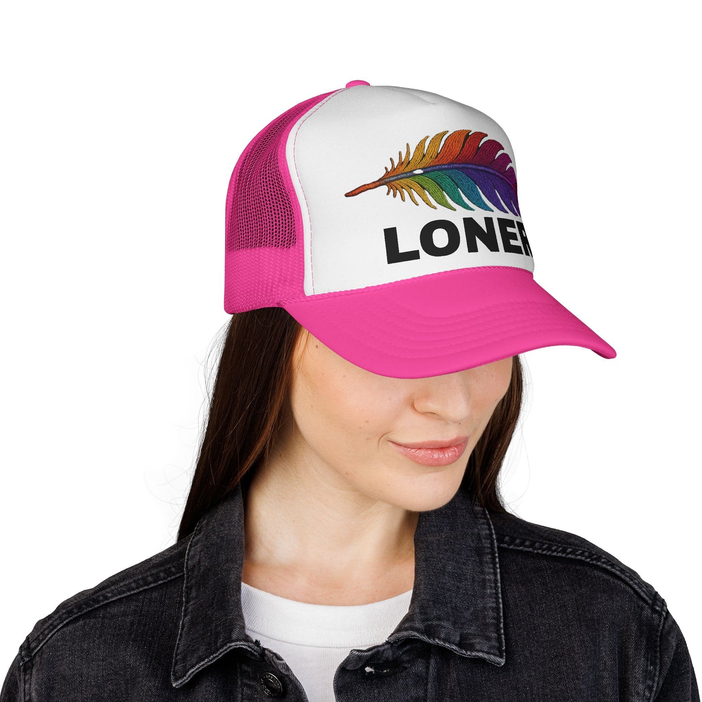 LONER Trucker Hat – Multicolor Feather on White & Pink