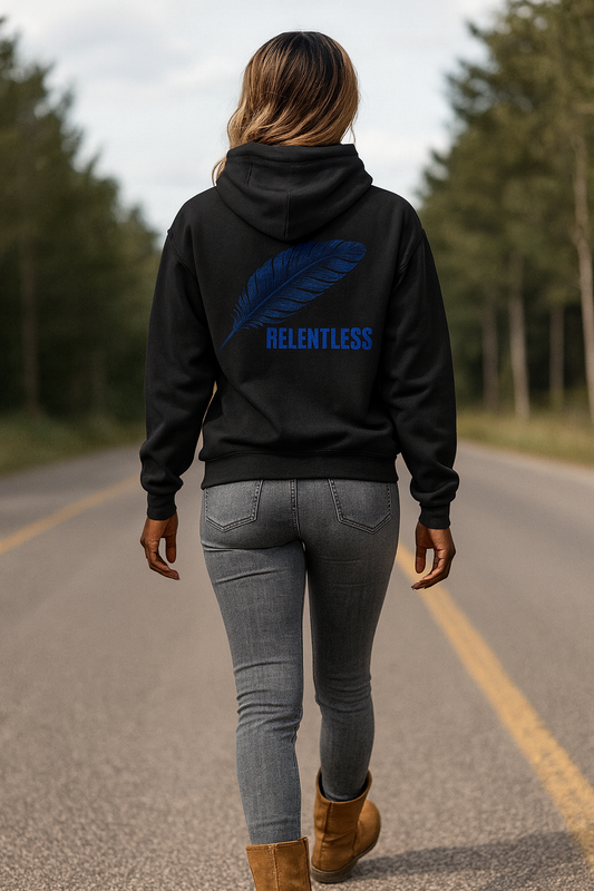 RELENTLESS Zip Hoodie – Black with Blue Feather Embroidery