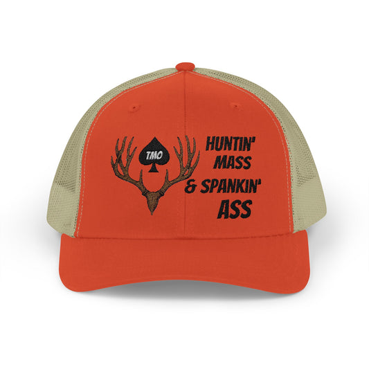 Hunter Orange “Huntin’ Mass & Spankin’ Ass” Trucker Hat – Rustic Orange/Khaki