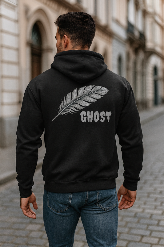 GHOST Zip Hoodie – Black with White Feather Embroidery