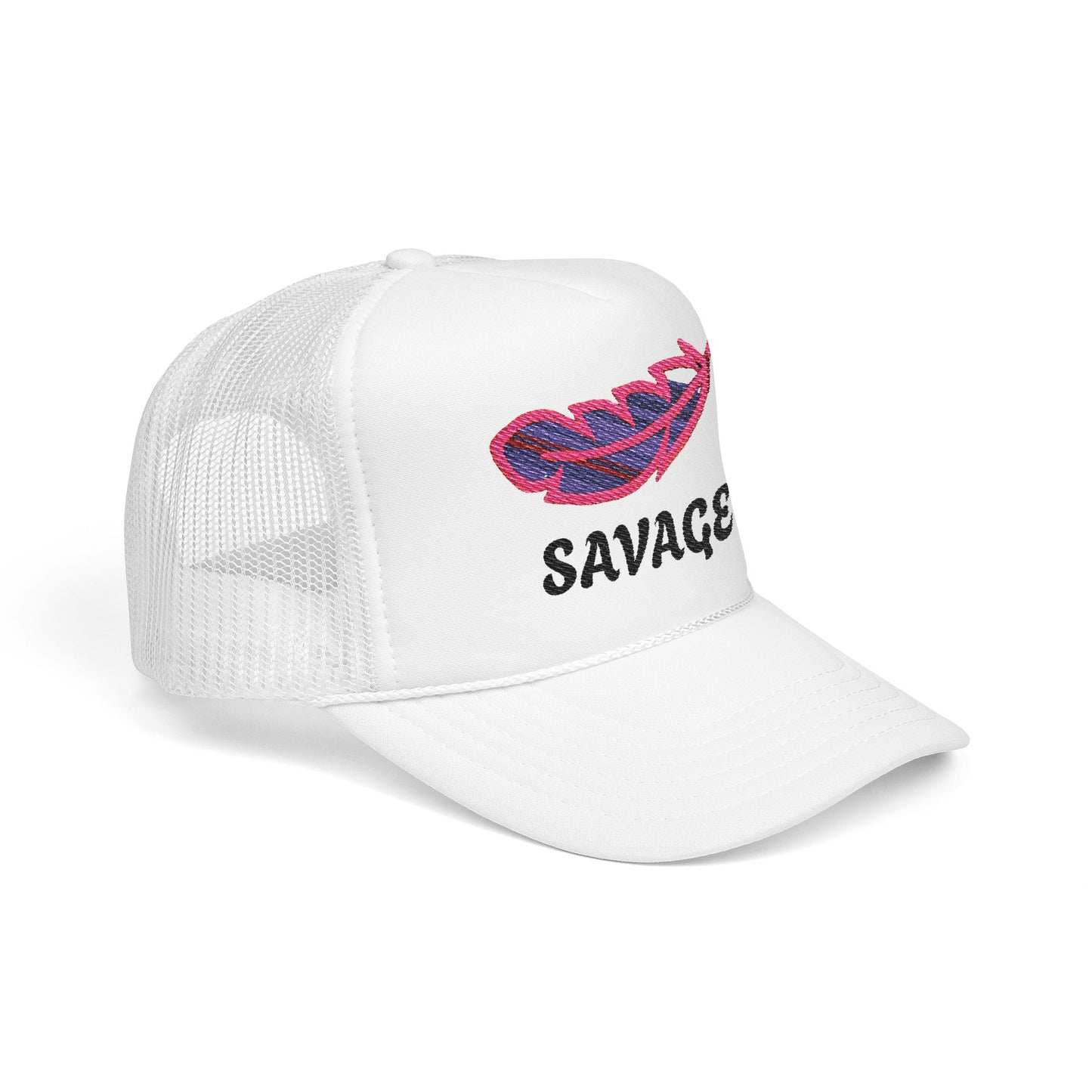 SAVAGE Trucker Hat – Pink & Blue Feather on White