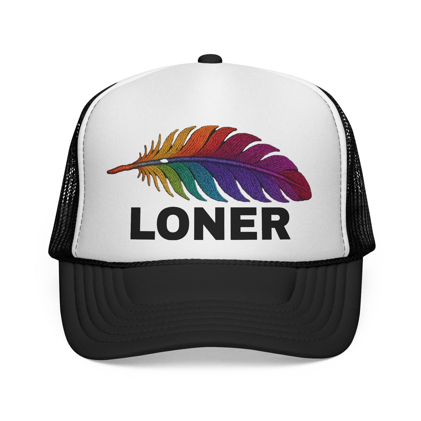 LONER Trucker Hat – Multicolor Feather on White & Pink