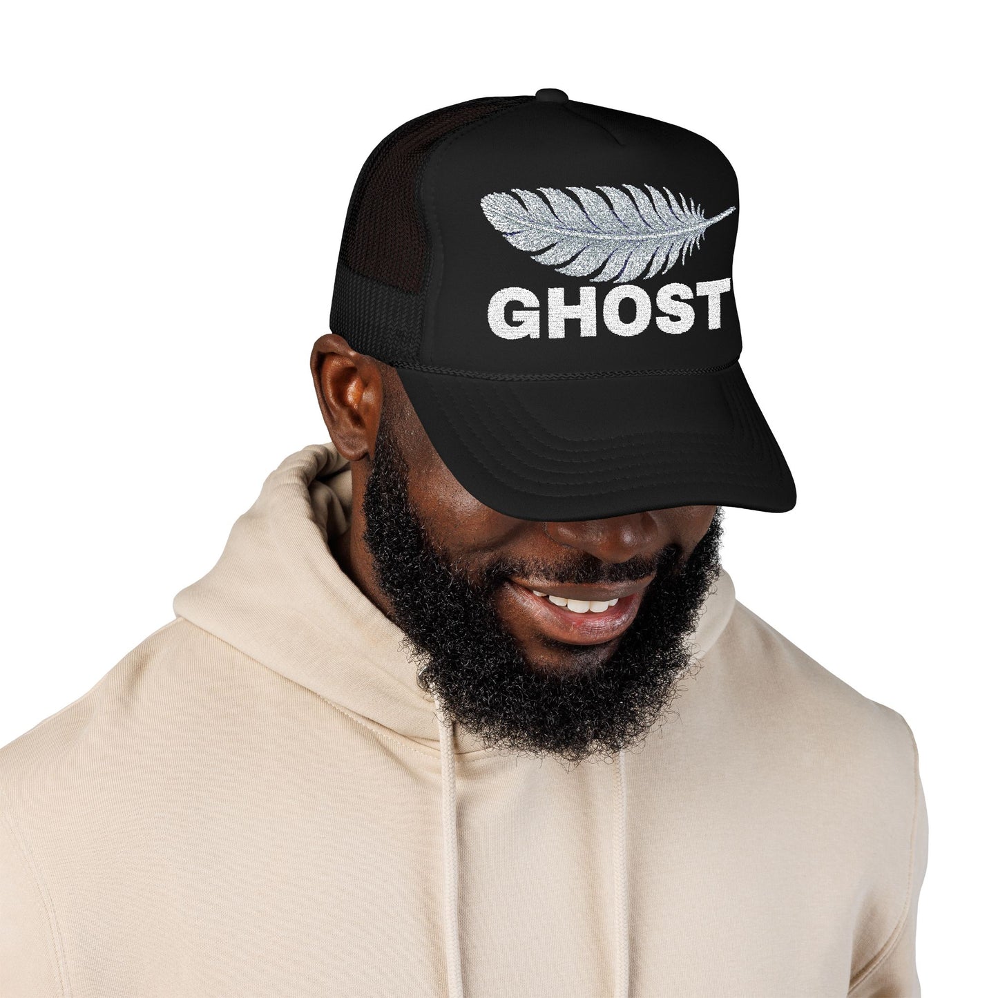 GHOST Trucker Hat – White Feather on Black