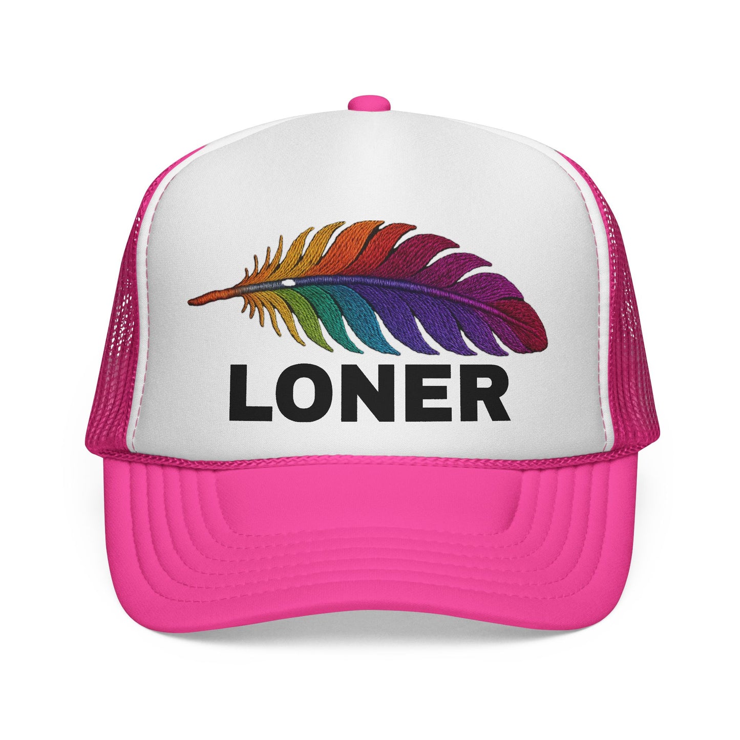 LONER Trucker Hat – Multicolor Feather on White & Pink