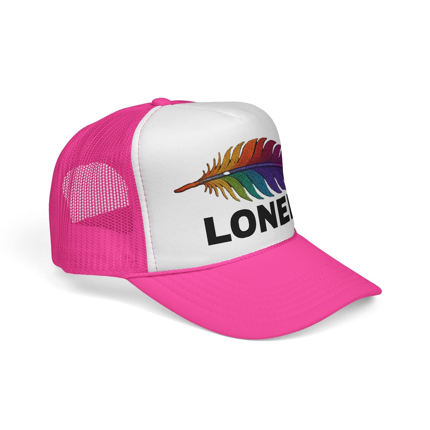 LONER Trucker Hat – Multicolor Feather on White & Pink