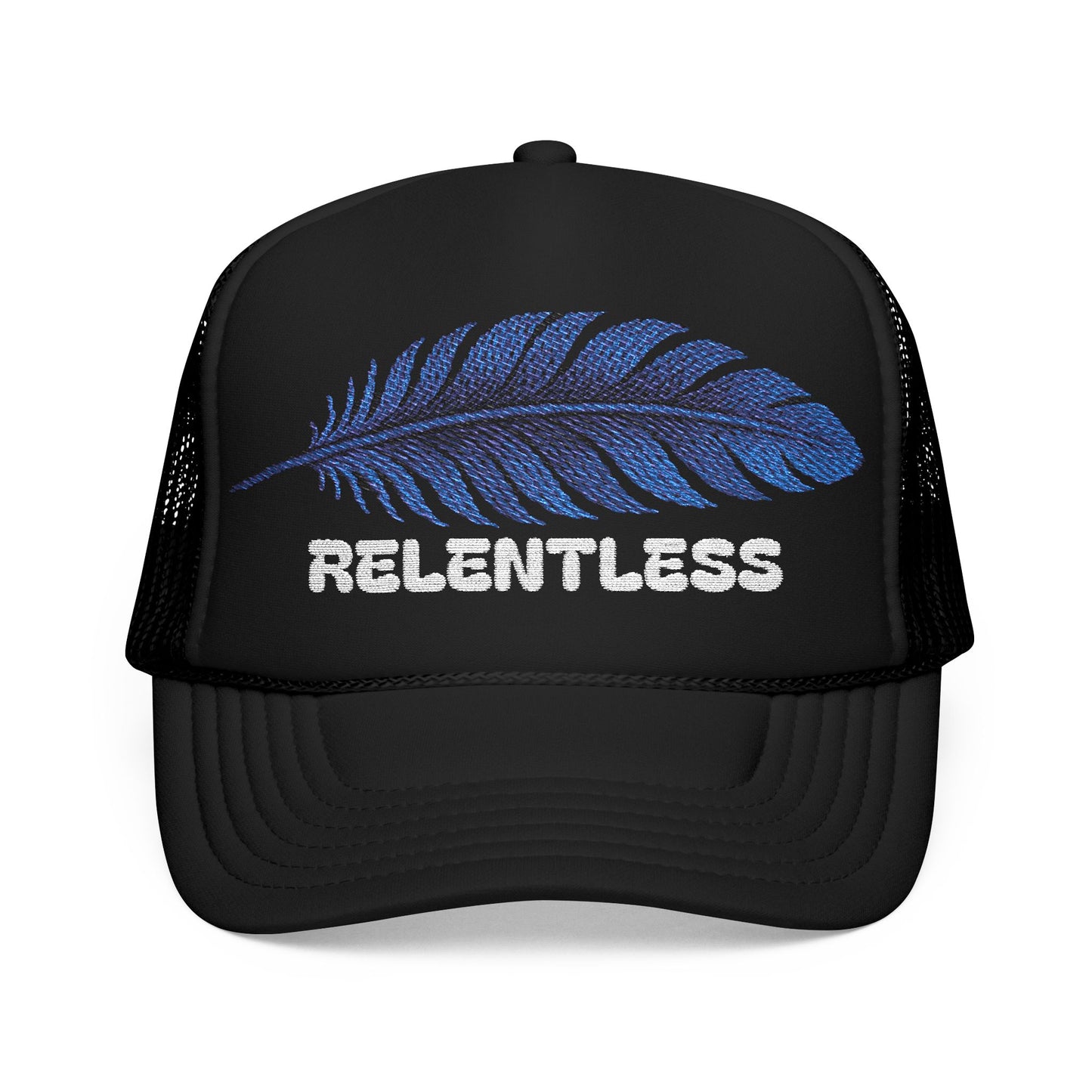 RELENTLESS Trucker Hat – Blue Feather Embroidery