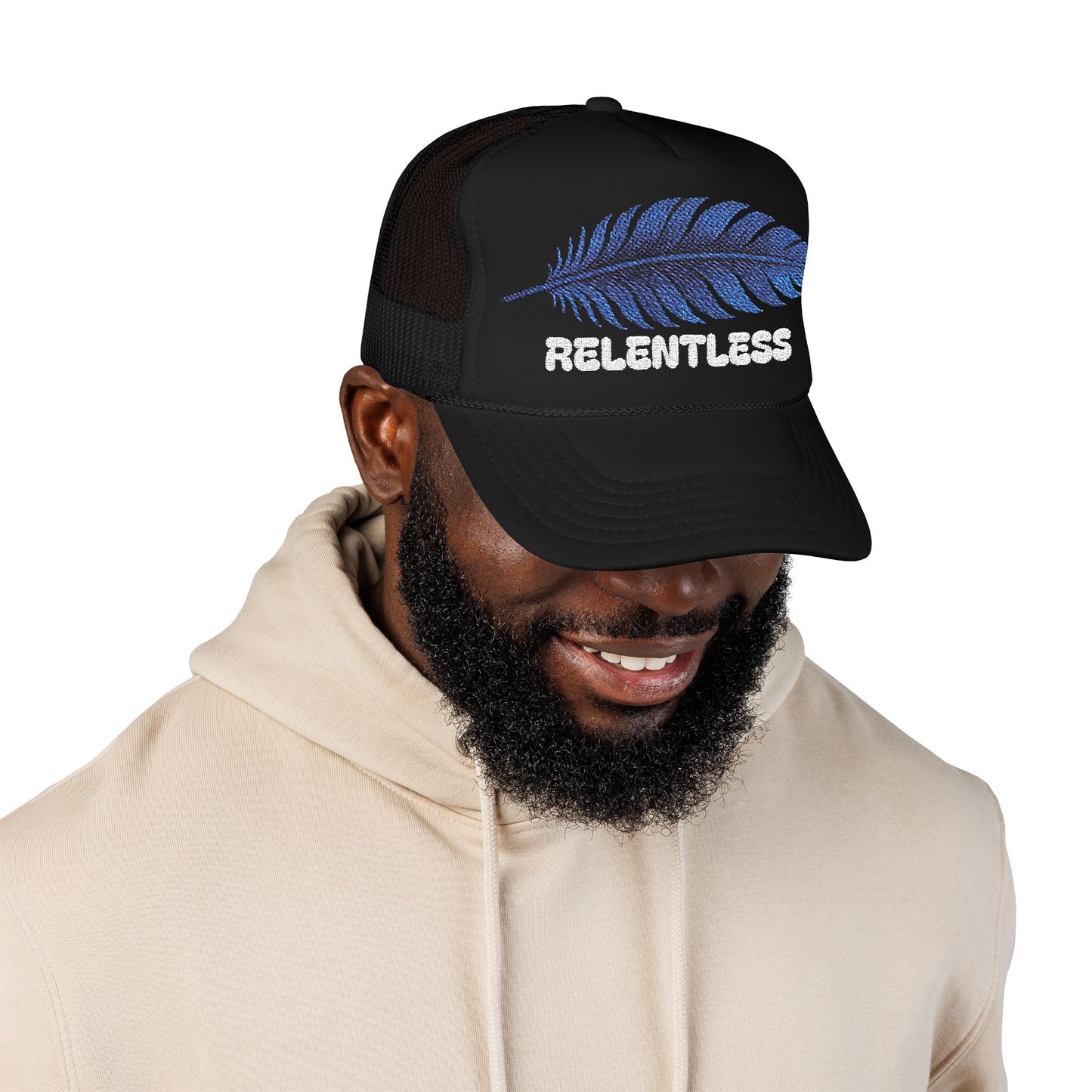 RELENTLESS Trucker Hat – Blue Feather Embroidery
