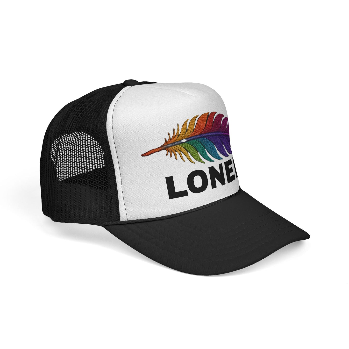LONER Trucker Hat – Multicolor Feather on White & Pink