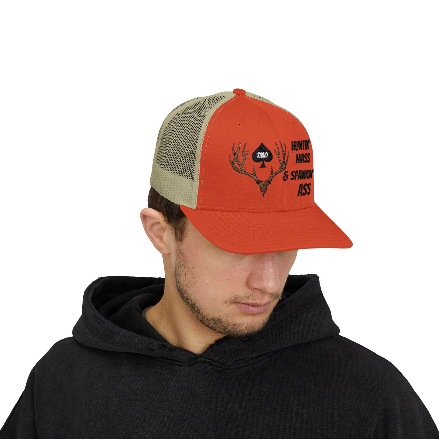 Hunter Orange “Huntin’ Mass & Spankin’ Ass” Trucker Hat – Rustic Orange/Khaki