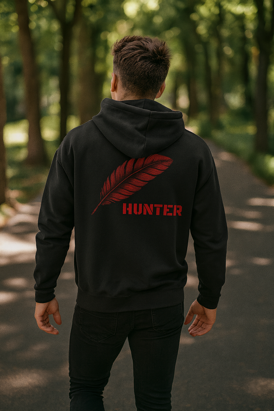 HUNTER Zip Hoodie – Black with Red Feather Embroidery
