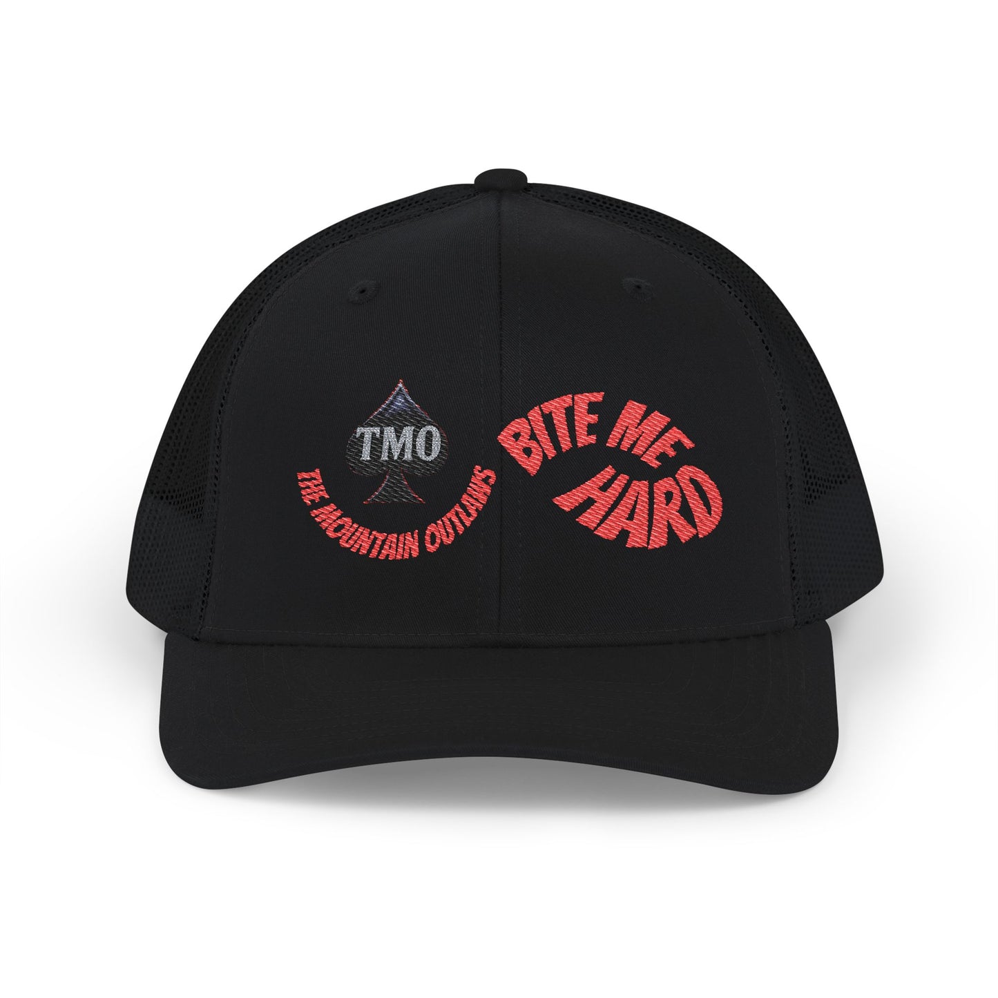Embroidered Trucker Cap — 'Bite Me Hard' Vintage Patch Snapback