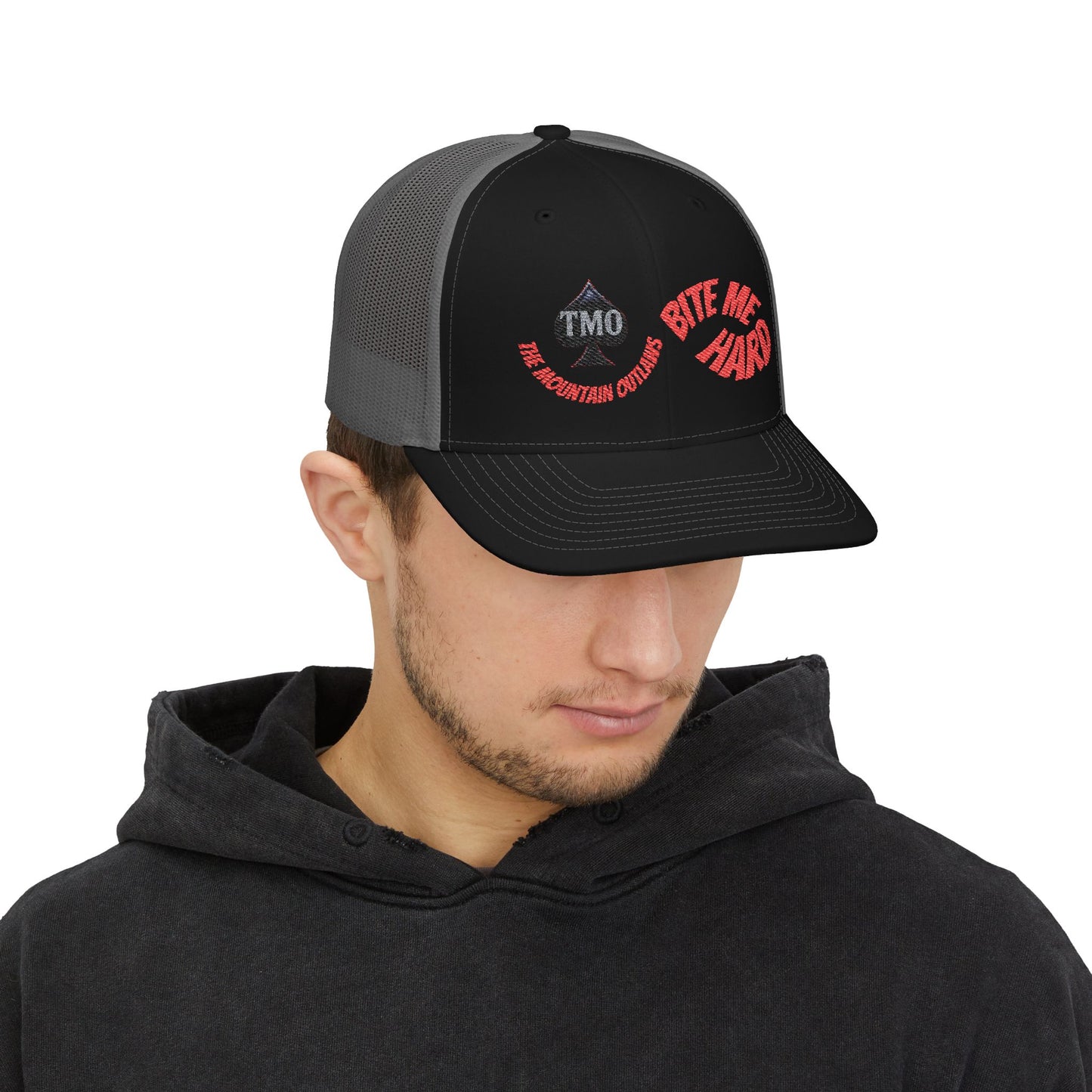 Embroidered Trucker Cap — 'Bite Me Hard' Vintage Patch Snapback