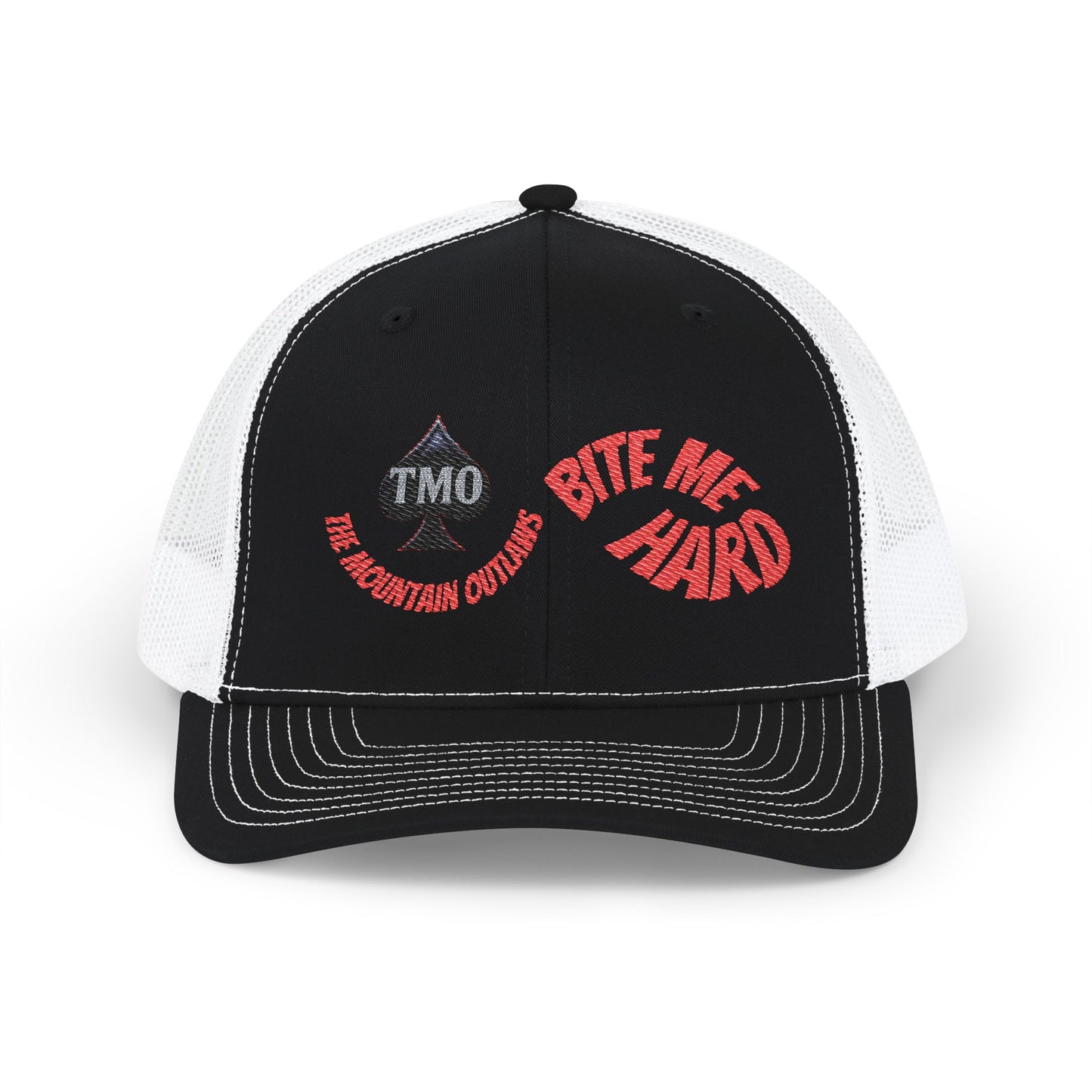 Embroidered Trucker Cap — 'Bite Me Hard' Vintage Patch Snapback