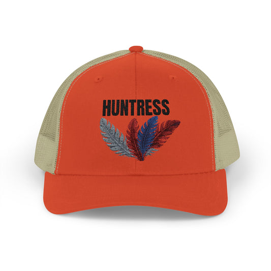 HUNTRESS Trucker Hat – Three Feathers on Blaze Orange