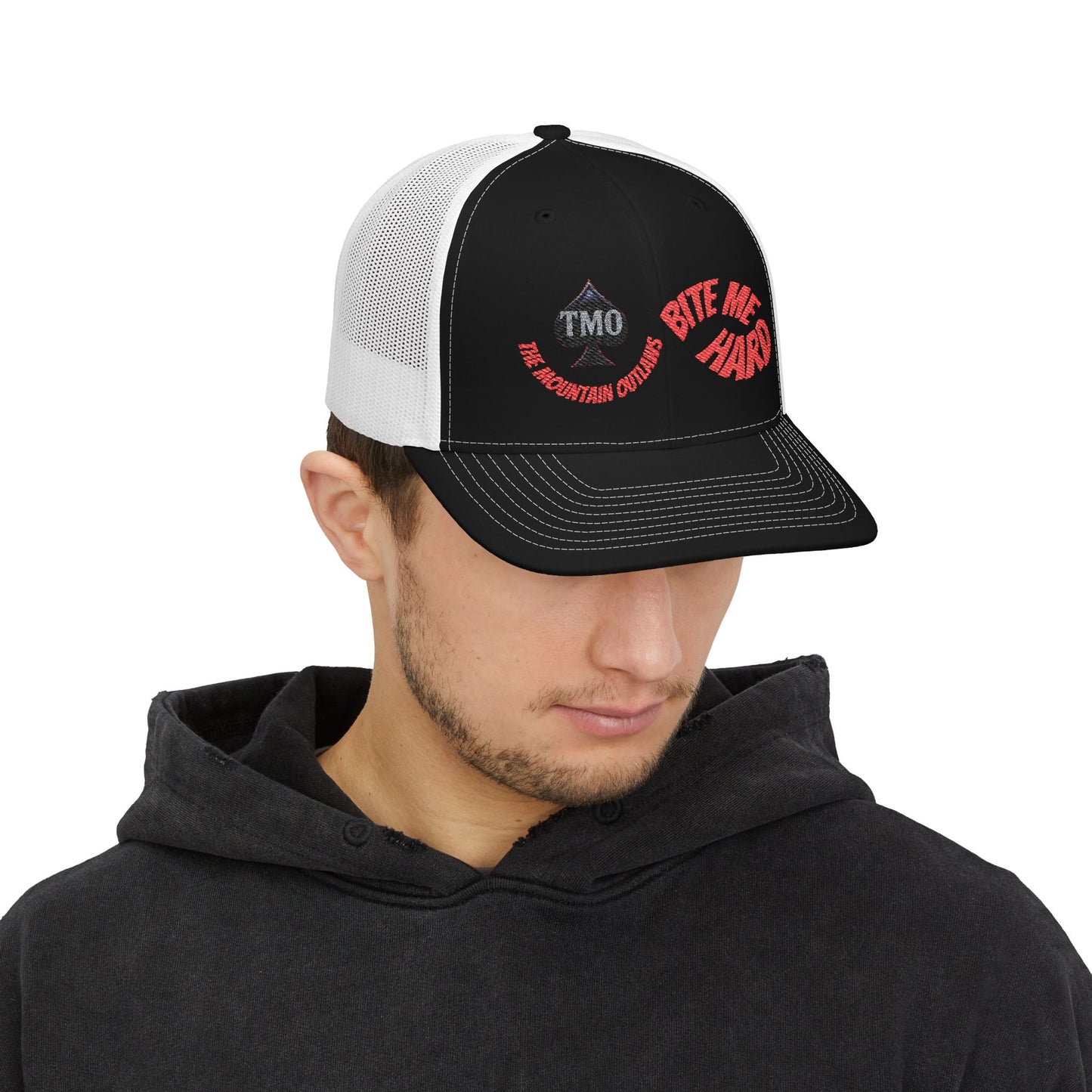 Embroidered Trucker Cap — 'Bite Me Hard' Vintage Patch Snapback