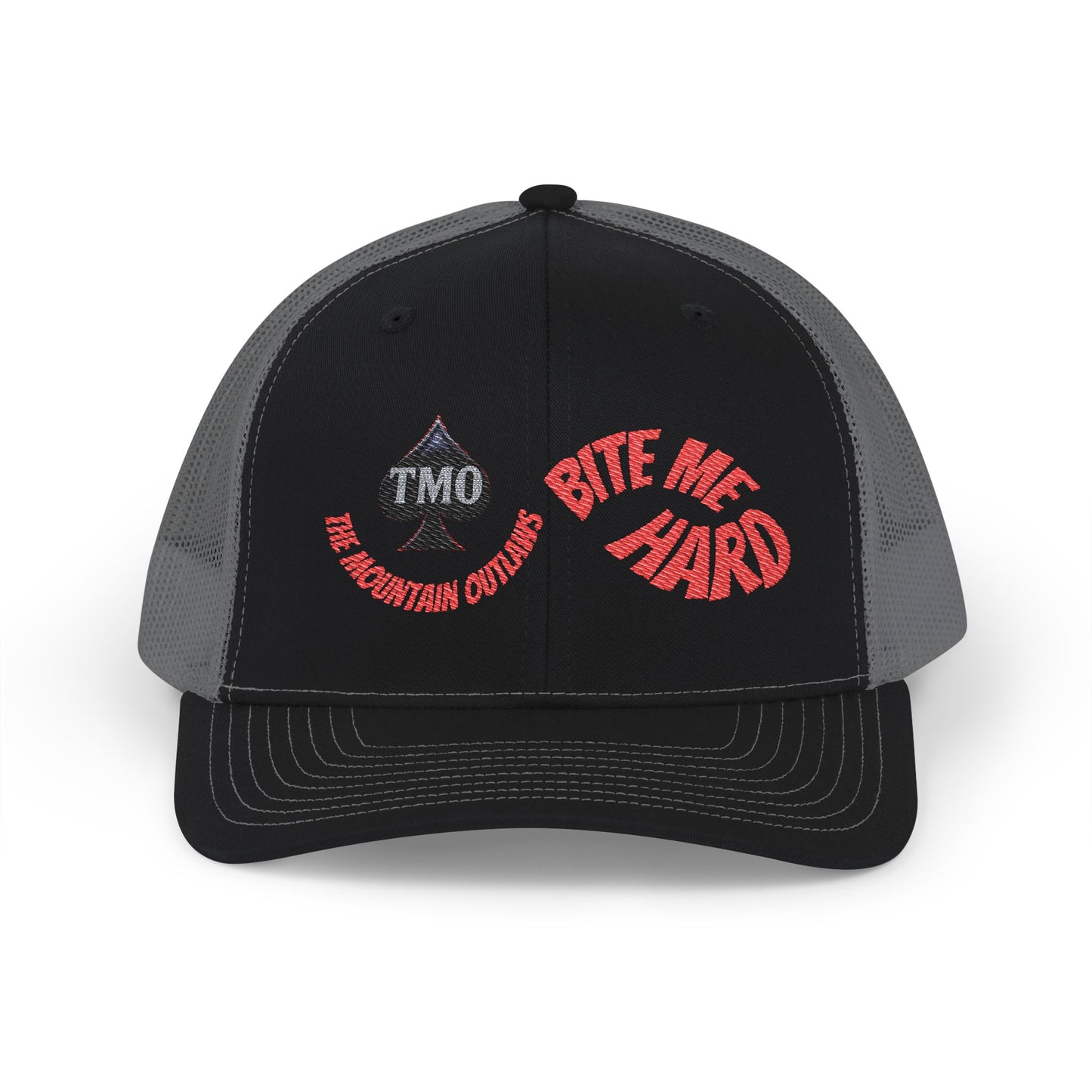 Embroidered Trucker Cap — 'Bite Me Hard' Vintage Patch Snapback