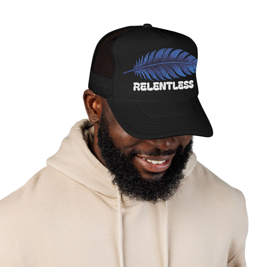 RELENTLESS Trucker Hat – Blue Feather Embroidery