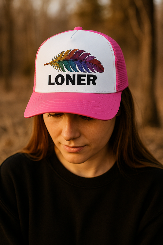 LONER Trucker Hat – Multicolor Feather on White & Pink