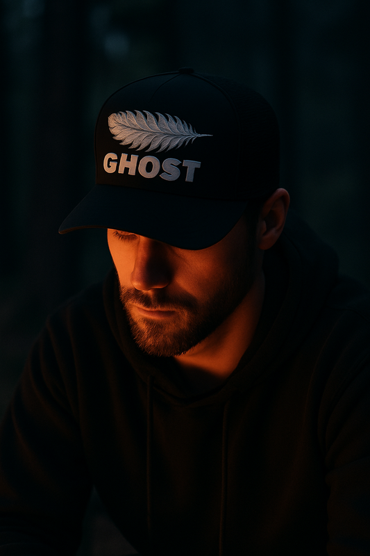 GHOST Trucker Hat – White Feather on Black