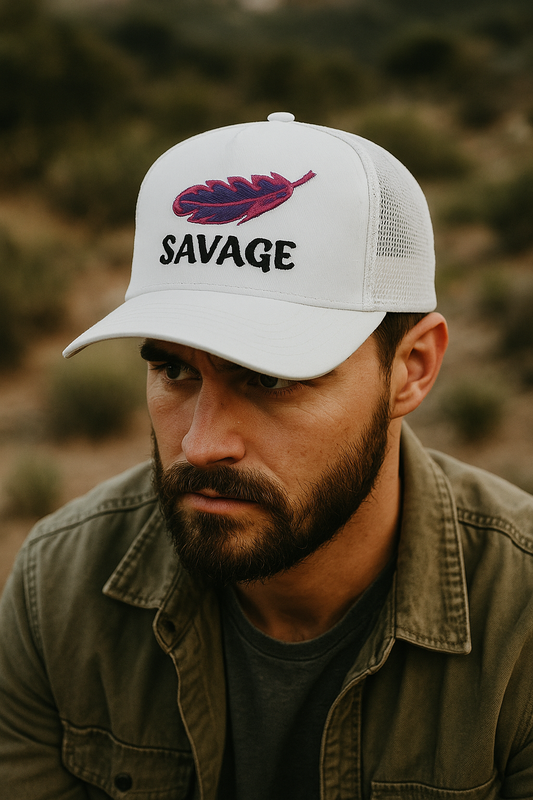 SAVAGE Trucker Hat – Pink & Blue Feather on White