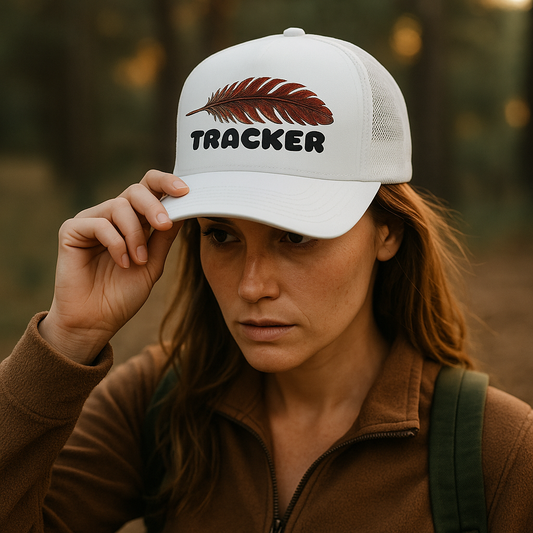 TRACKER Trucker Hat – Red Feather on White