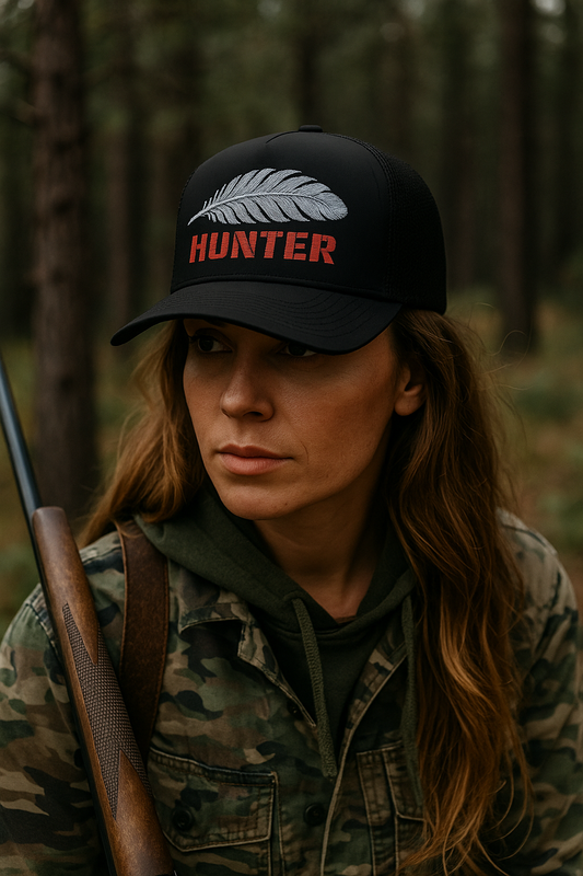 HUNTER Trucker Hat – Silver Feather with Red Lettering
